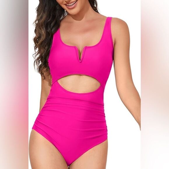 Eomenie Hot Pink Tummy Control One Piece Swimsuit Cutout High Waisted Slimming - Picture 2 of 14